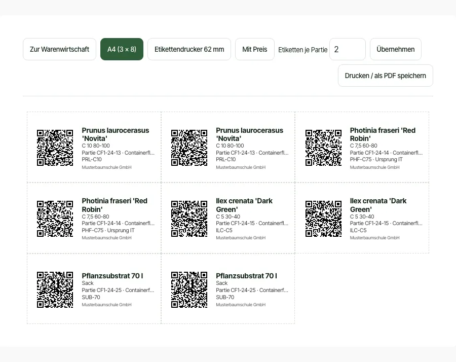 Etikettenbogen aus PlantWork: Etiketten mit QR-Code, Pflanze, Sortierung, Partie und Quartier