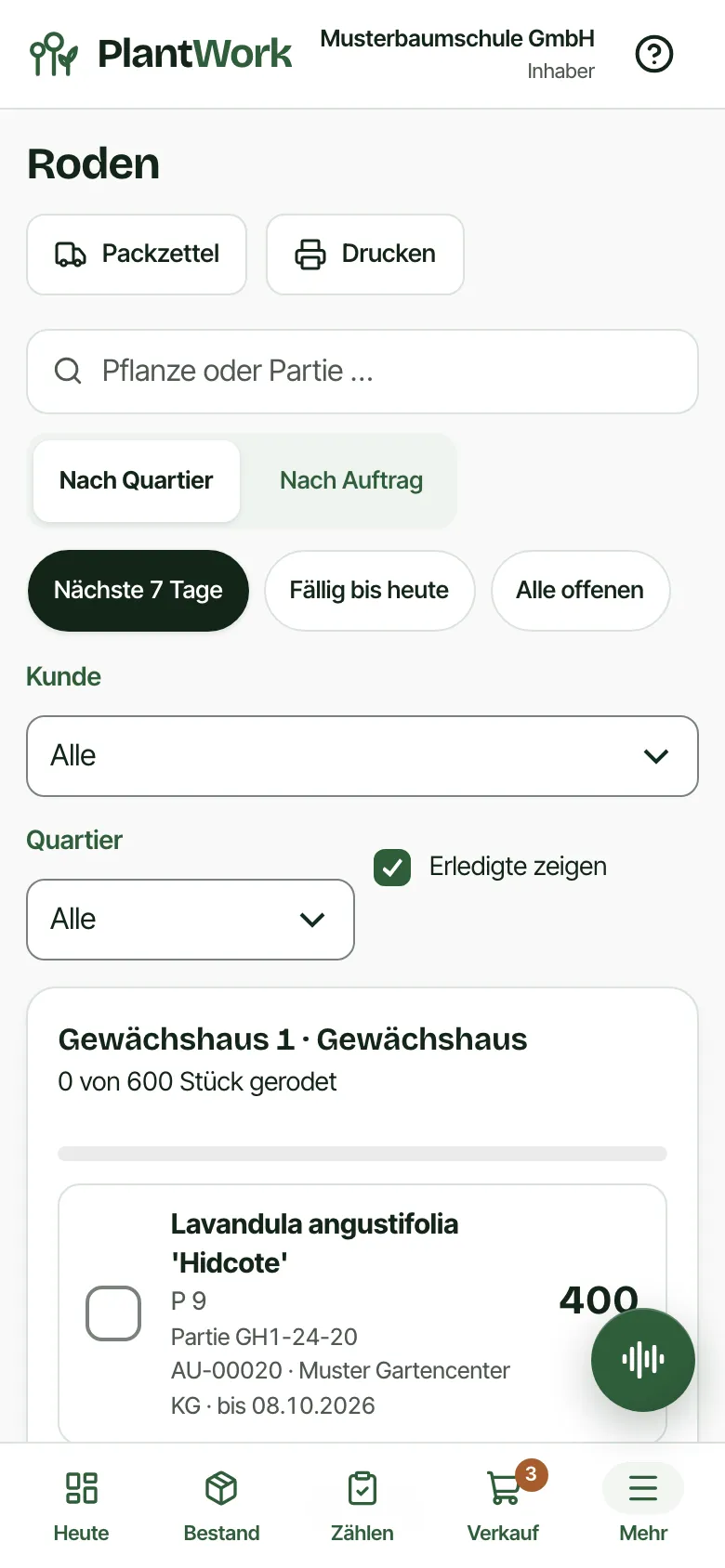 PlantWork auf dem Handy: Rodeliste nach Quartier mit Partie, Auftrag, Kunde und Stückzahl