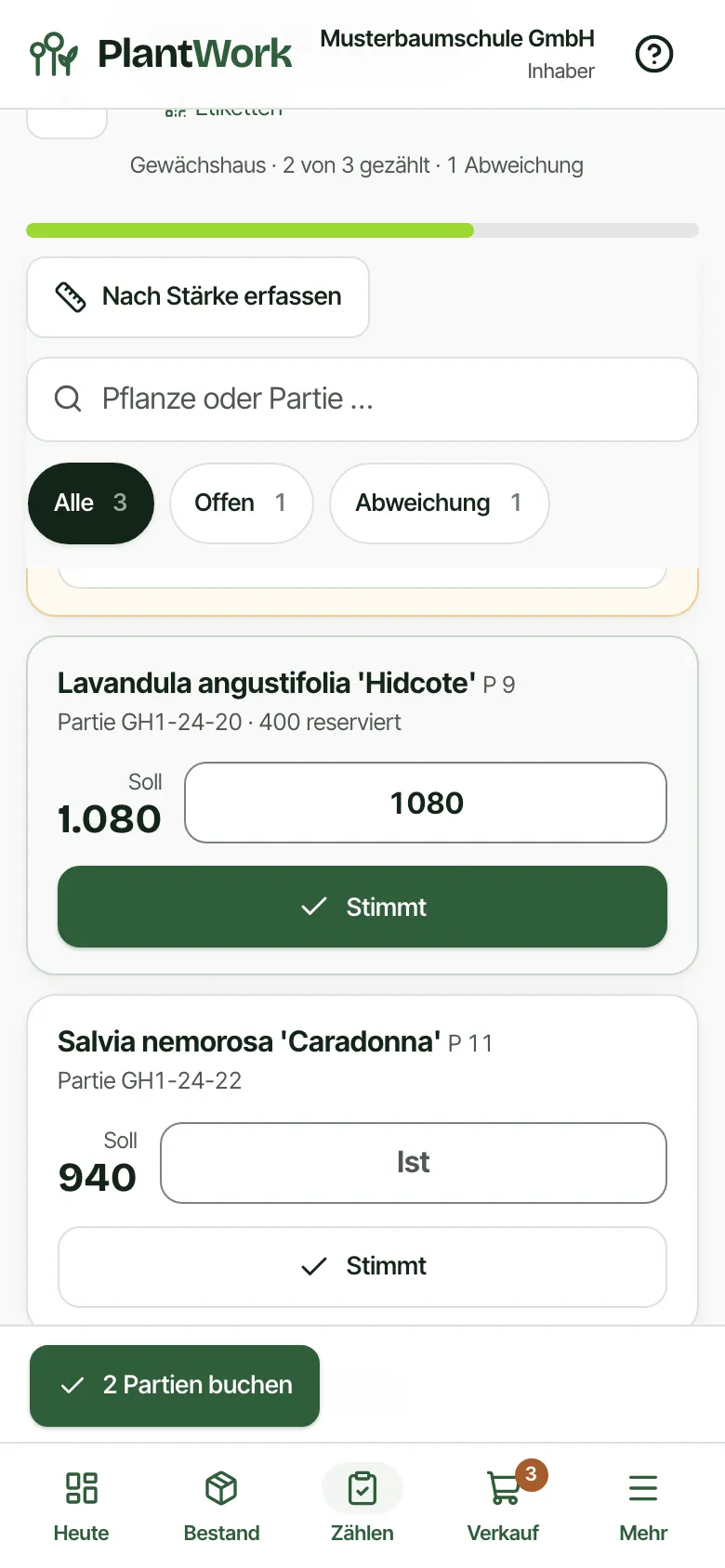 PlantWork auf dem Handy: Zählung im Gewächshaus mit Soll, Ist und einer Abweichung von minus zehn