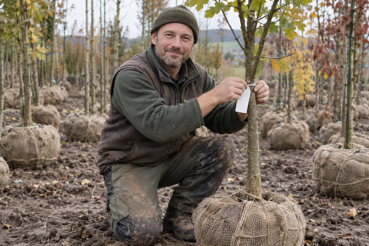 Baumschulgärtner kniet neben einem Baum mit Ballen und bindet ein Etikett an den Stamm